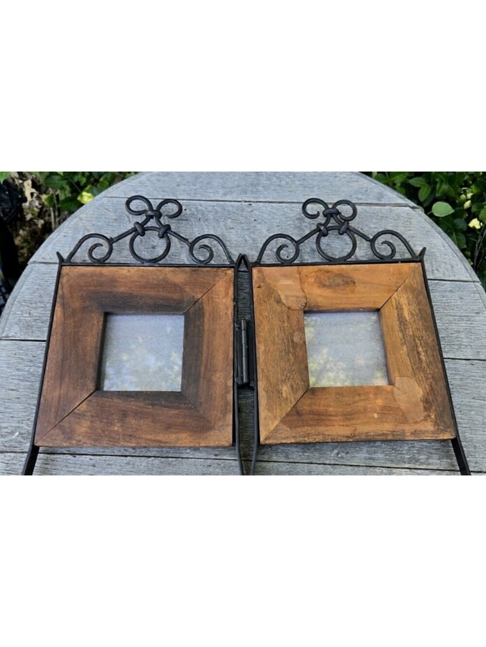 Vintage Rustic Wood & Iron 2 Photo Frames Hinged Foldable On legs 14"TX17"W Nice